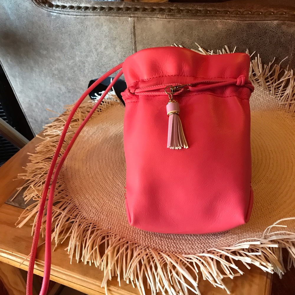 J.Crew Mini drawstring bucket leather bag in rose salmon color